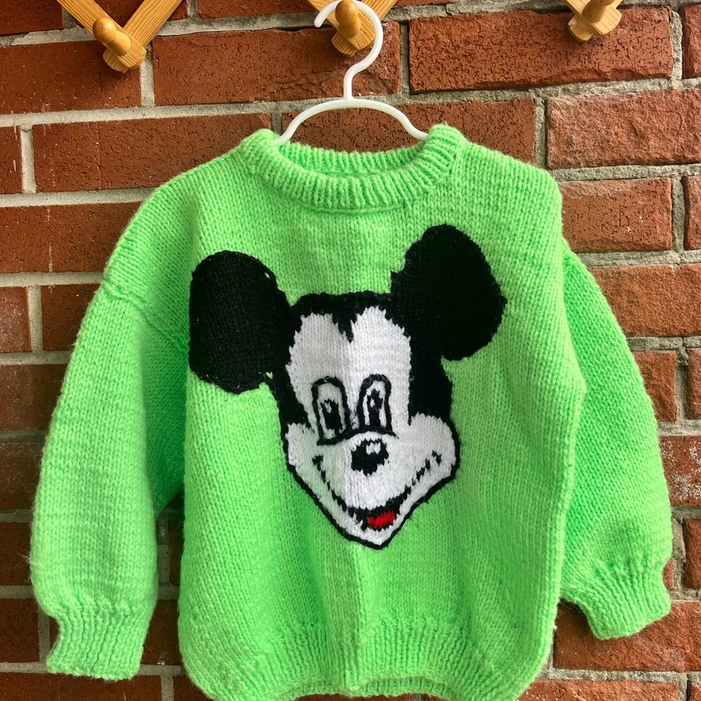 Vintage Kids Knit Mickey Mouse Sweater Neon Green Handmade